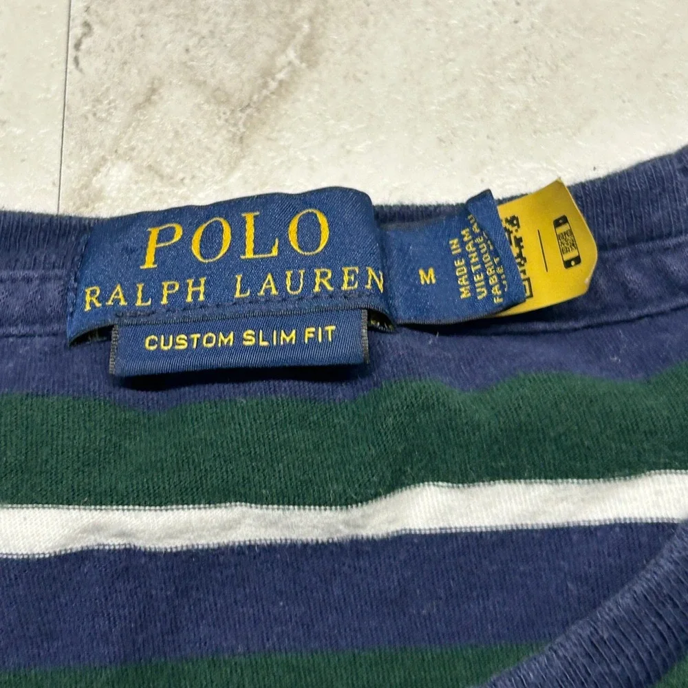 Polo Ralph Lauren Striped T-Shirt Navy Green Mens Medium Custom Slim Fit 0512